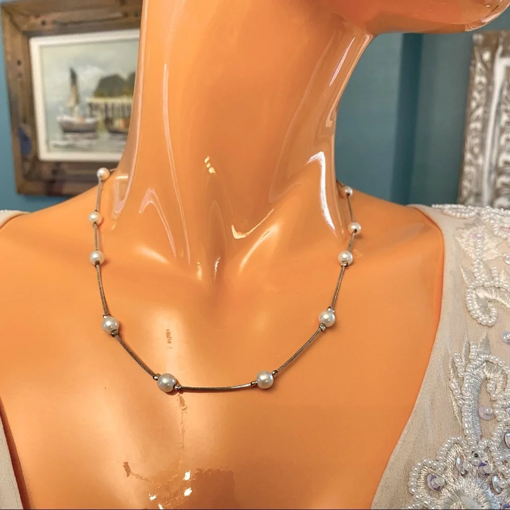 Faux Pearl Station Necklace